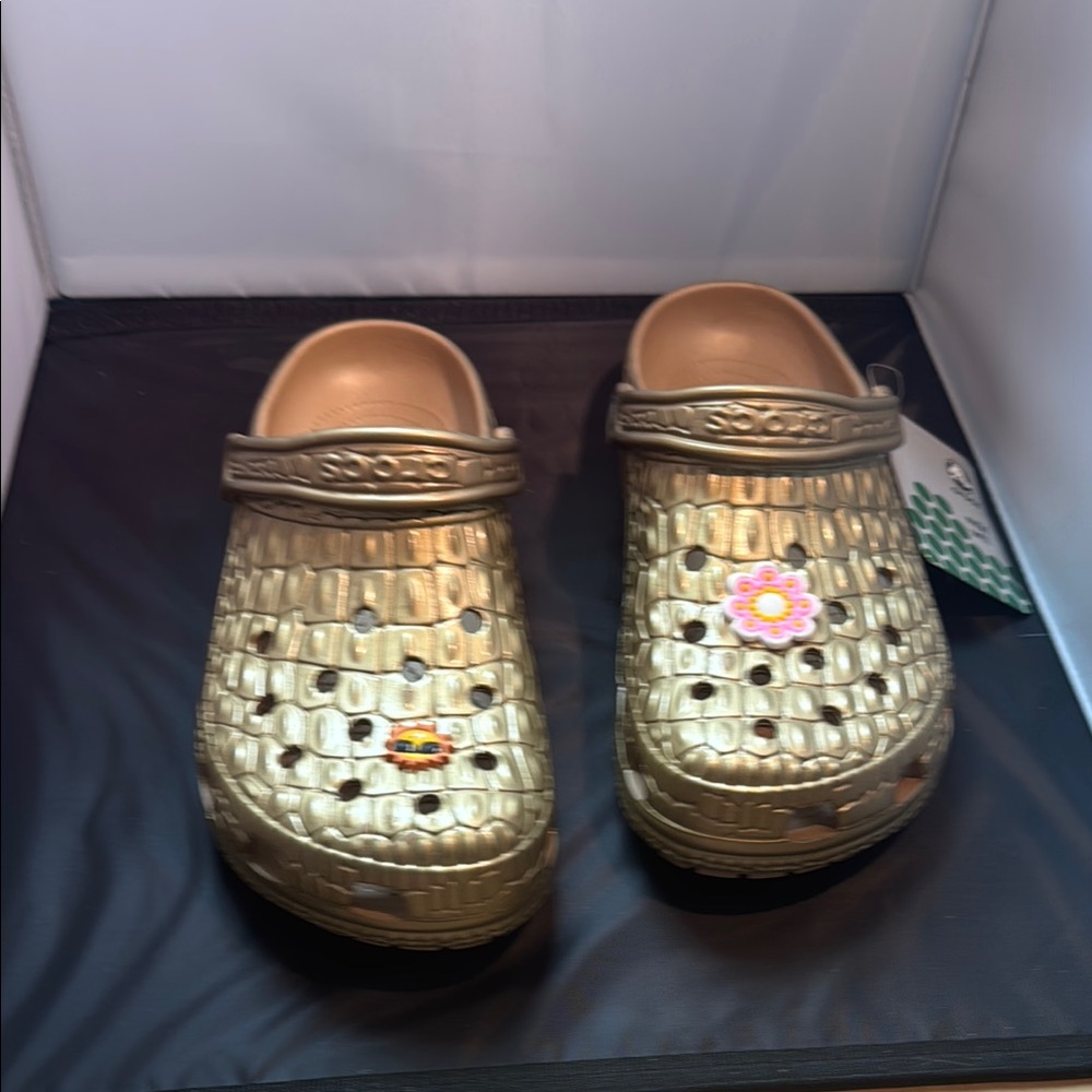 CROCS Gold Clogs with Decorative Charms